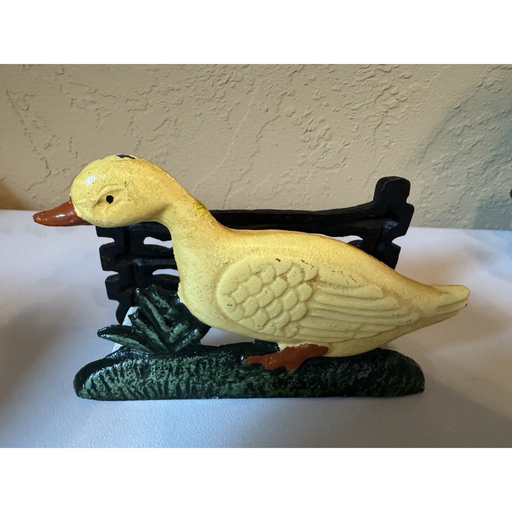 Vintage Cast Iron Yellow Duck Fence Napkin Holder Country Kitchen Letter Rack